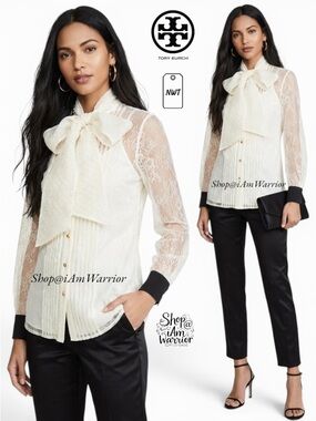 Tory Burch NWT ivory eyelash lace tie-neck blouse with contrast black cuffs